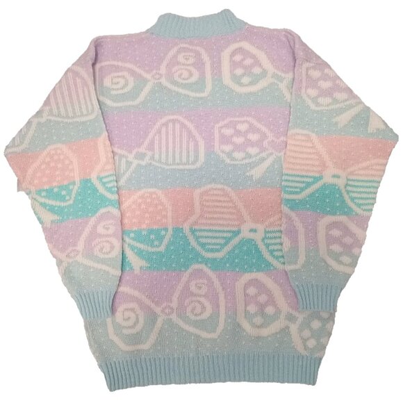 Vintage 80s Pastel Knit Sweater Geometric Bow Pattern Retro Pullover Holiday L - Picture 9 of 9